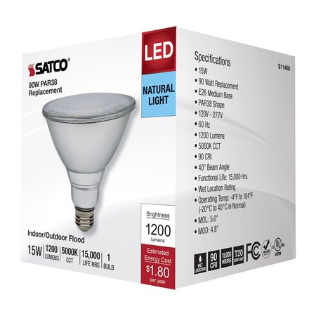 Satco 15 Watt PAR38 LED, 5000K, Medium Base, 120-277 Volt, 90 CRI S11488
